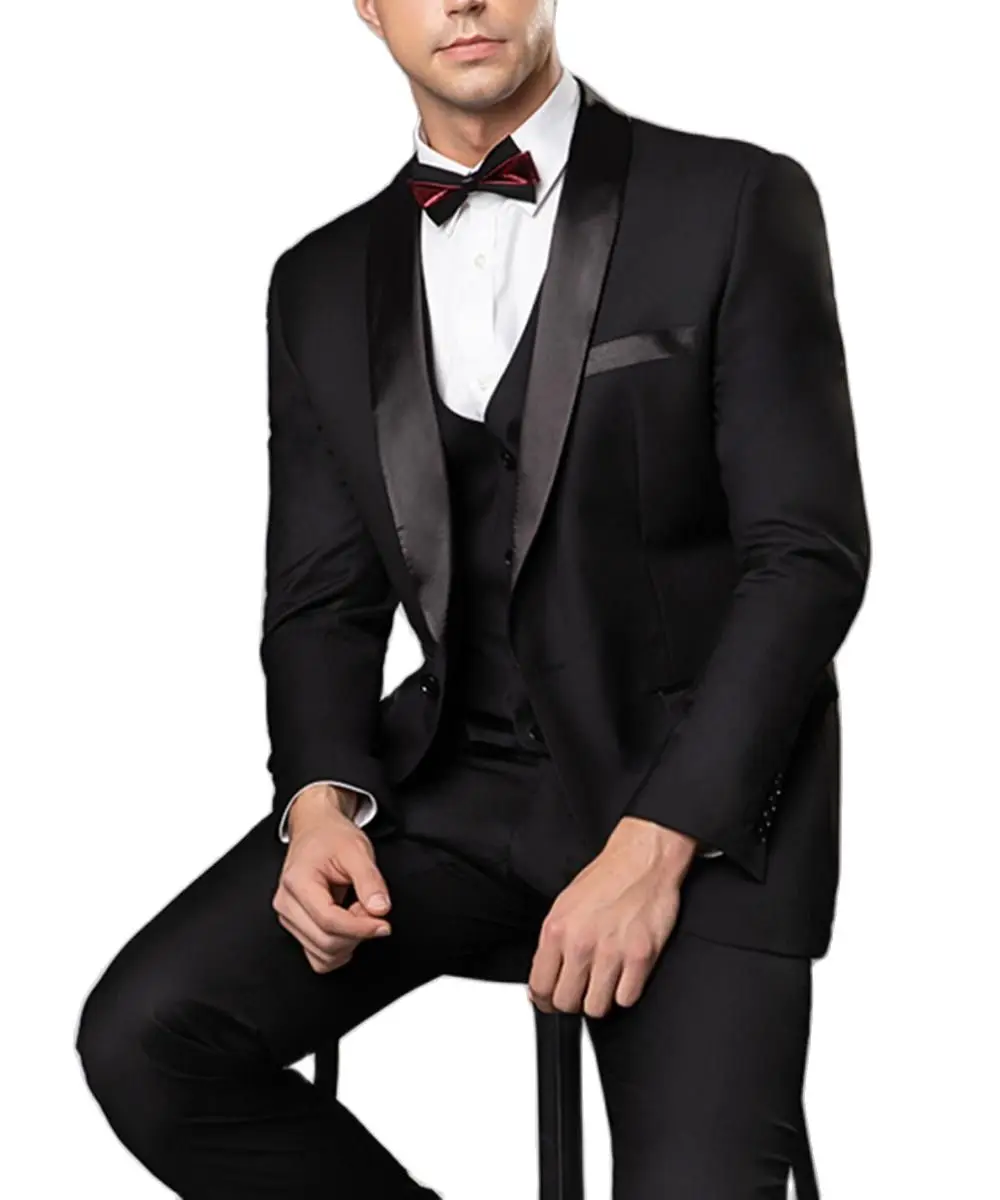 

Groom Tuxedos Double Breasted Black Peak Lapel Groomsmen Best Man Suit Mens Wedding Jacket+Pants+Vest