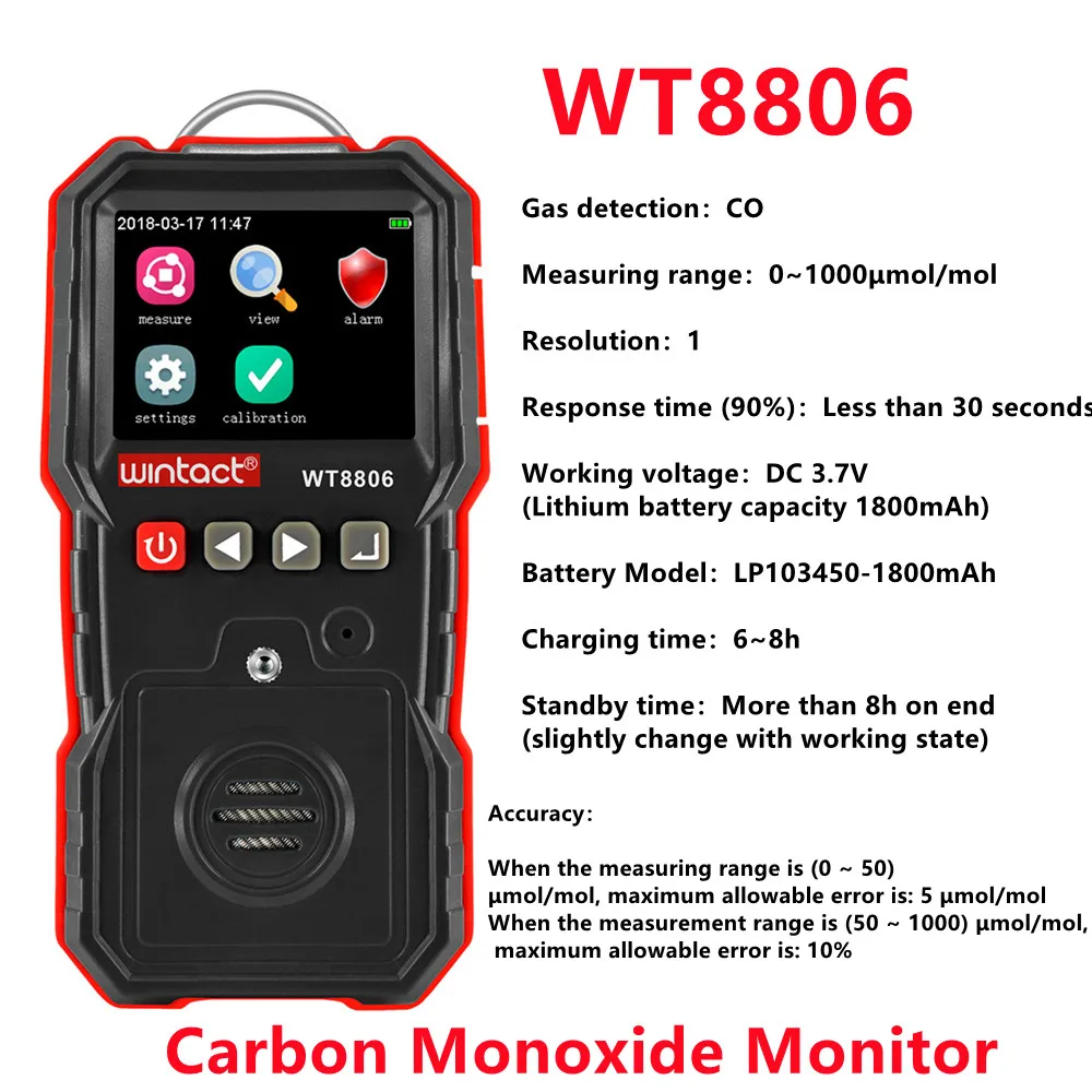 Carbon Monoxide Monitor Wt8806 Portable Co Detector Vibration Alarm