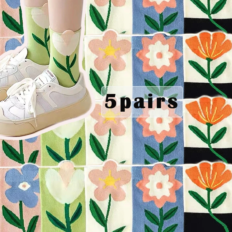 

5Pairs Women Socks Japanese Korean Style Cartoon Flower Candy Color Summer Kawaii Mid Tube Socks Breathable Casual Short Socks