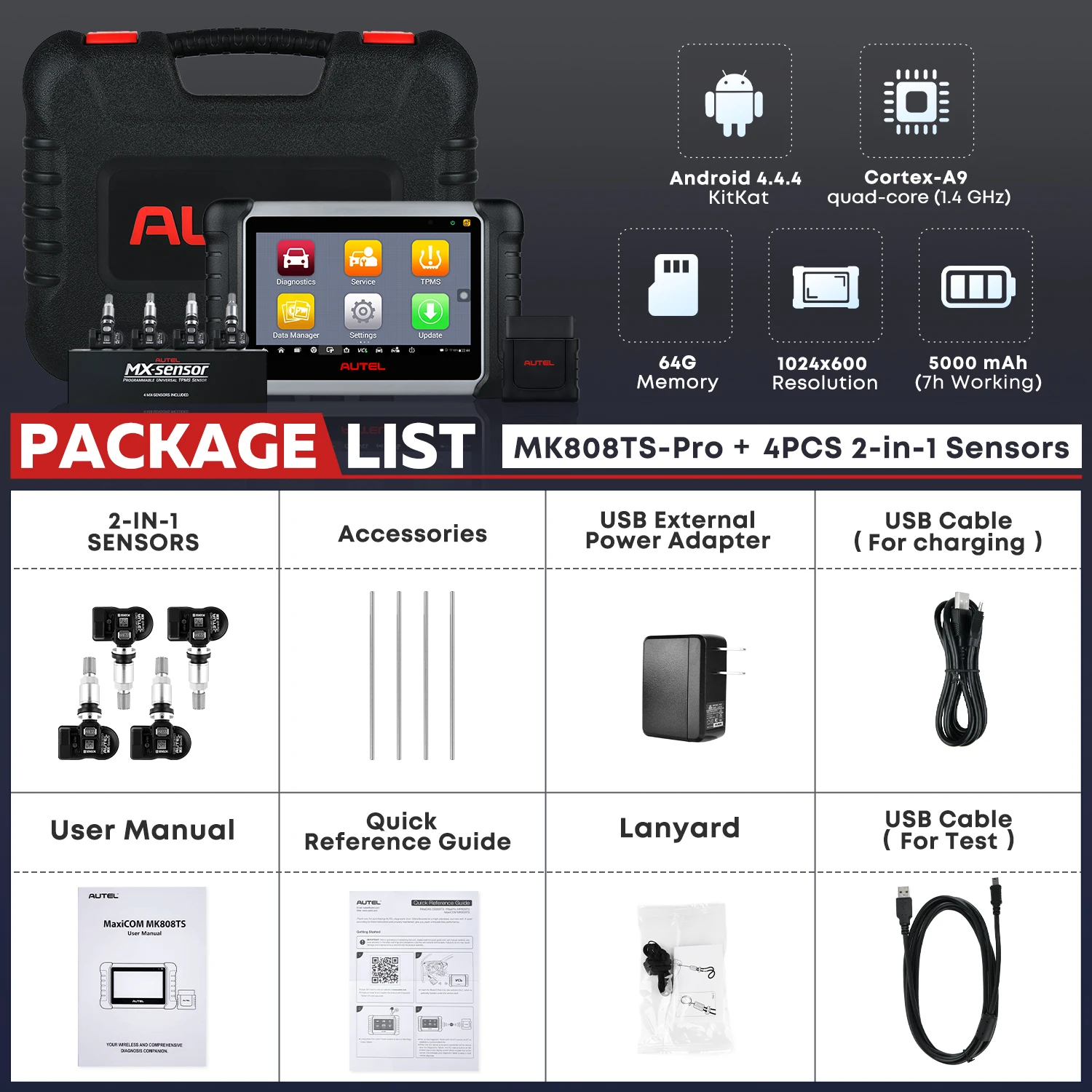 Autel MaxiCOM MK808TS PRO OBD2 Car Diagnostic Scan Tool,Active Test,Full TPMS Services,Autel MK808TS + 4PCS 2-in-1 MX-Sensors auto battery charger Code Readers & Scanning Tools