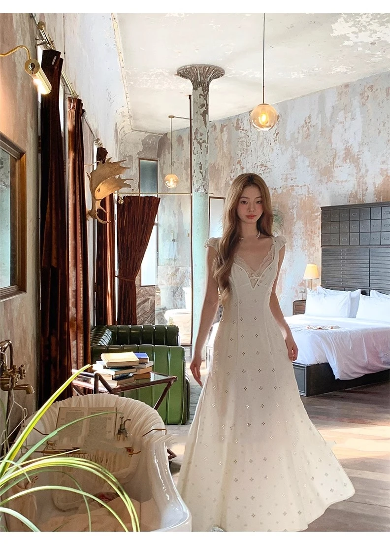 New Summer Hollow Out Midi Dress Women V-neck Vocation French Style White Dress Elegant Casual Korean Fashion Slim Vestidos 2025