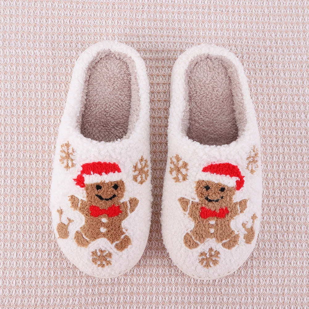 Christmas Gingerbread Man Slippers Furry Snowflake Slippers Comfortable Soft Couple Slippers Anti Slip for Indoor Bedroom