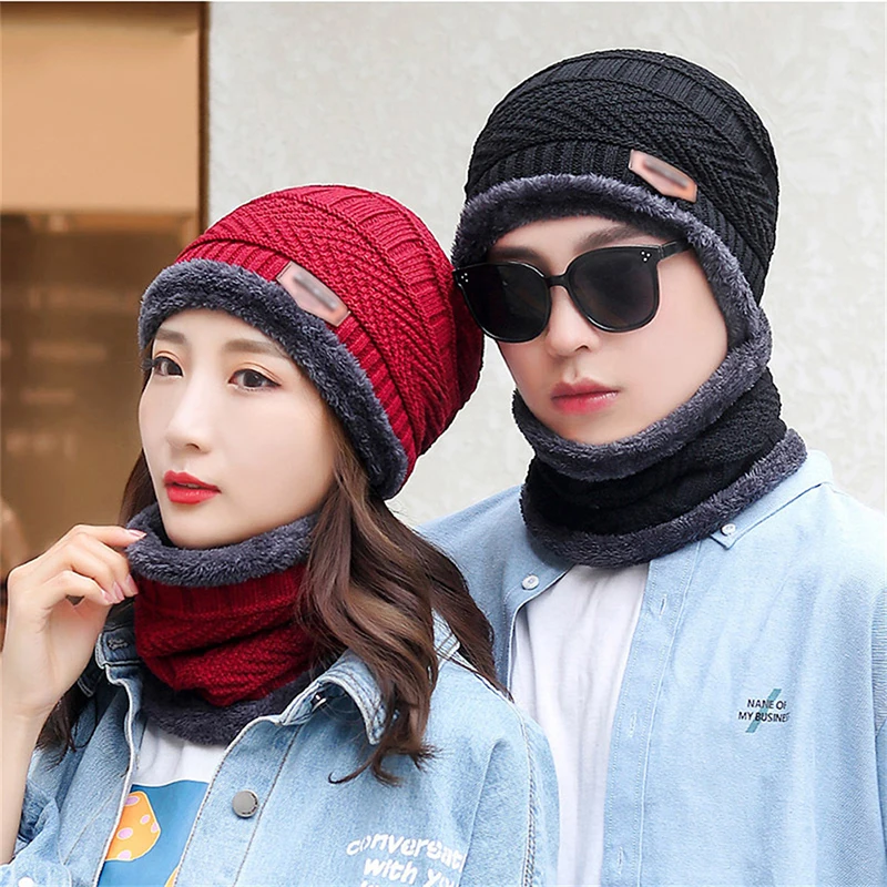 

New 1PC Knit Fleece Scarf Winter Hat Soft Men and Women Beanie Warm Hat Thickening Plus Velvet Loose Winter Hat with Scarf