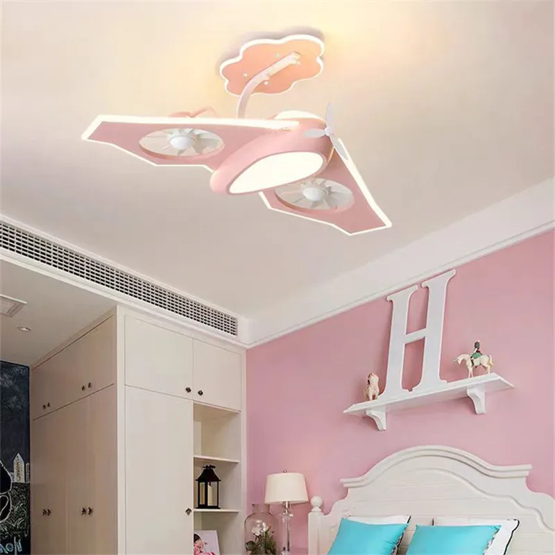 Airplane Ceiling fan with Lamp Creative Electric Fan Bedroom Lighting Eye Protection girl room decor cute pink lamp with fan
