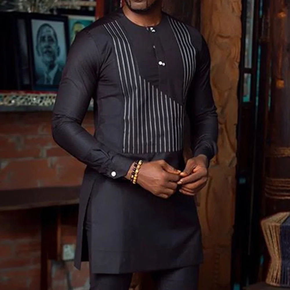 New Men's New Suit Two-piece Pants Set Long Sleeve Clothing Round Neck Stitching Solid Color Social African Ethnic Style
