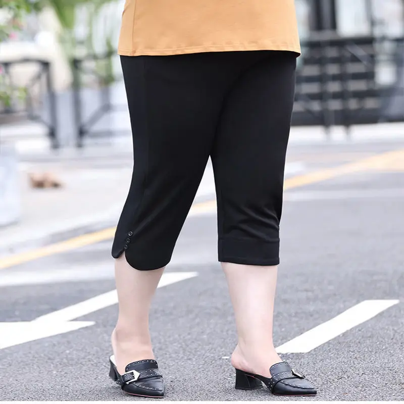Casual Pockets Black and White Straight Trousers Summer Thin Patchwork Button High Waist Loose Plus Size Lady Seven Points Pants