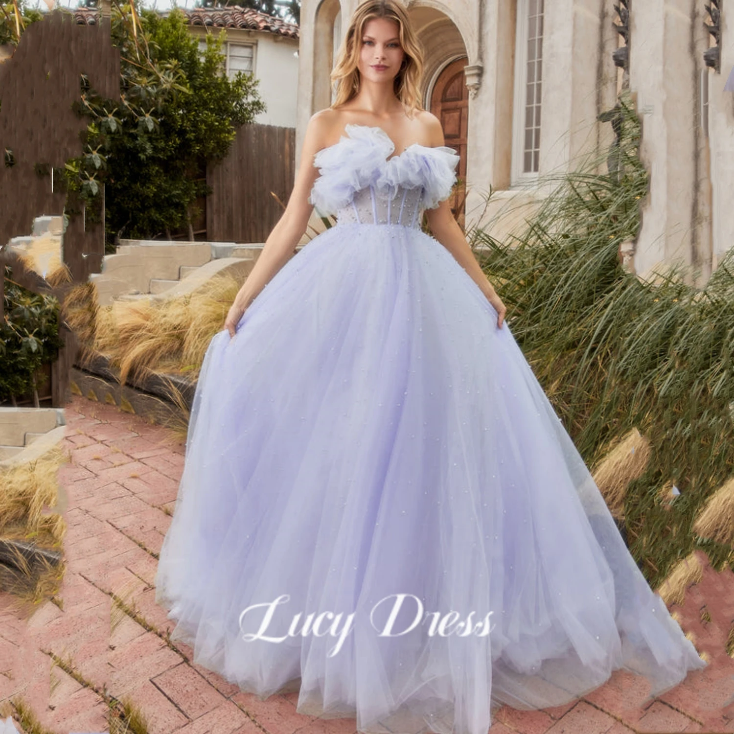 

Lucy Lavender Exquisite Strapless Pearls Tulle Prom Party Dress Princess Sweetheart Backless A Line Formal Fairy Evening Gown