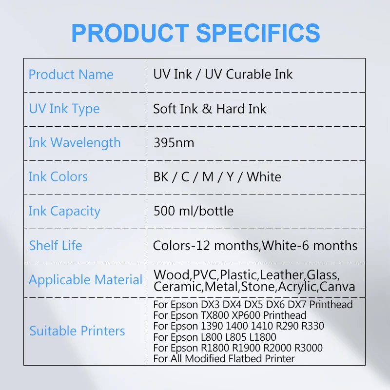 5&times;500ML LED UV Ink For DX4 DX5 DX6 DX7 DX10 TX800 XP600 Printhead For Epson 1390 L800 L1800 L805 R1800 R1900 UV Modified Printer