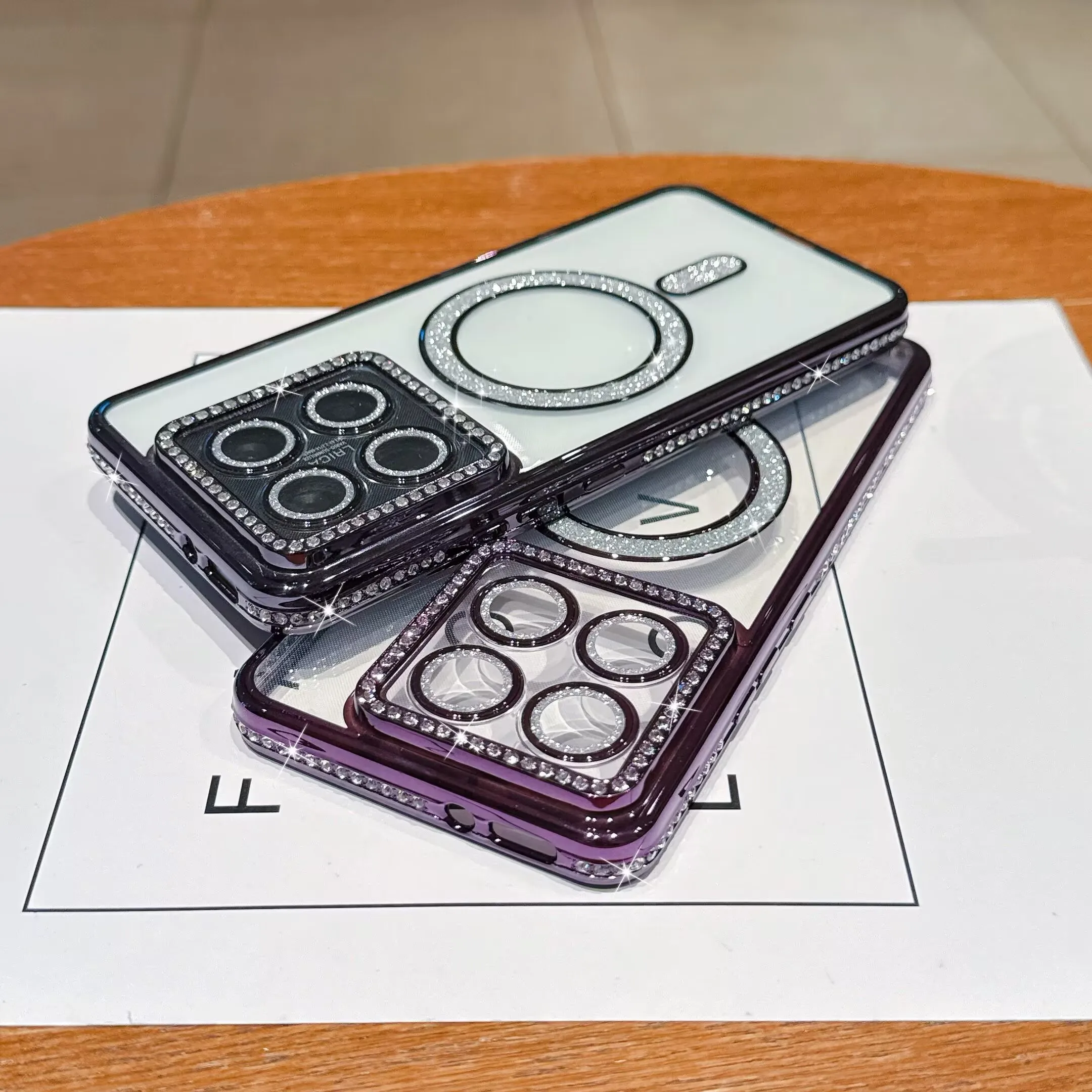 Crystal Clear Bling Magnetic Wireless Charging Phone Case with Lens Film Cover