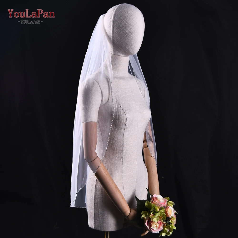 YouLaPan V31 Wedding Veil with Crystal Edge Bridal Veils Wedding Crystal Organza Beaded Sparkly Veil Short with Comb bridal veil