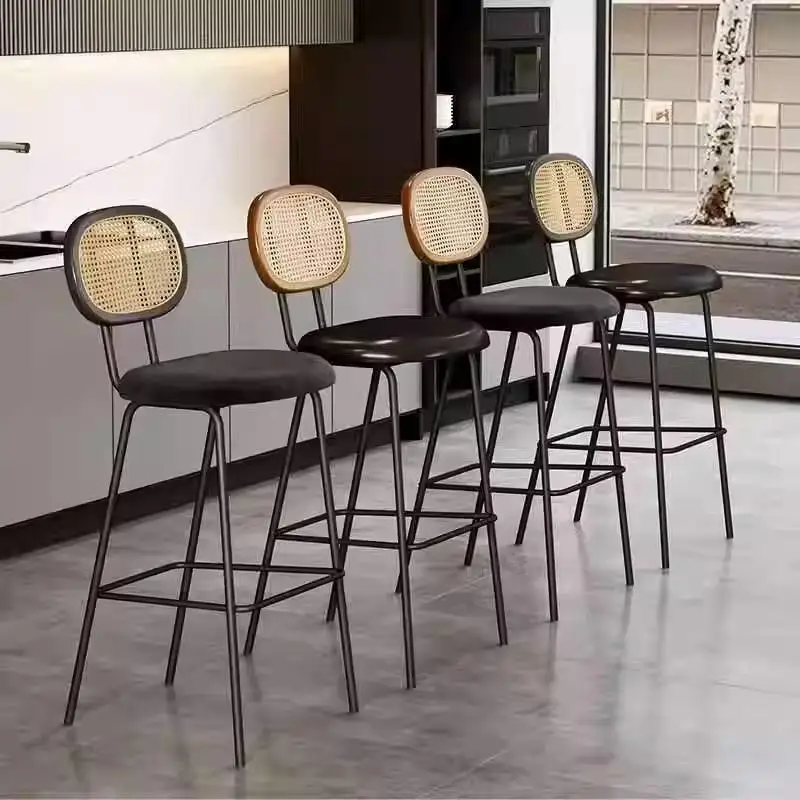 Designer Rattan Bar Stool Nordic Minimalist High Chair With Backrest Tall Counter Chair Cafe Bistro Island Bar High Stools