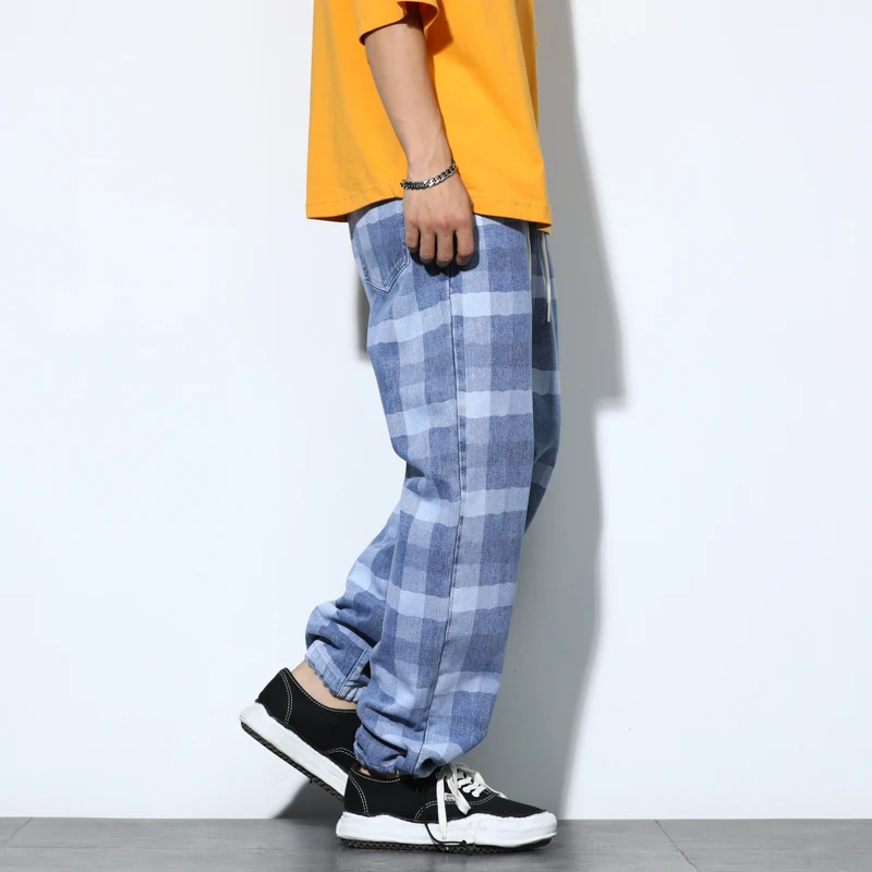 2024 Trendy American High Street Pants Men's Casual Pants Loose Tie Feet Youth Checkered Casual Pants