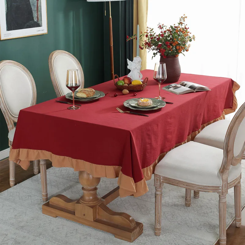 

Modern Minimalist Solid Color All Cotton Washed Cotton Red Contrasting Ruffle Edge Tablecloth