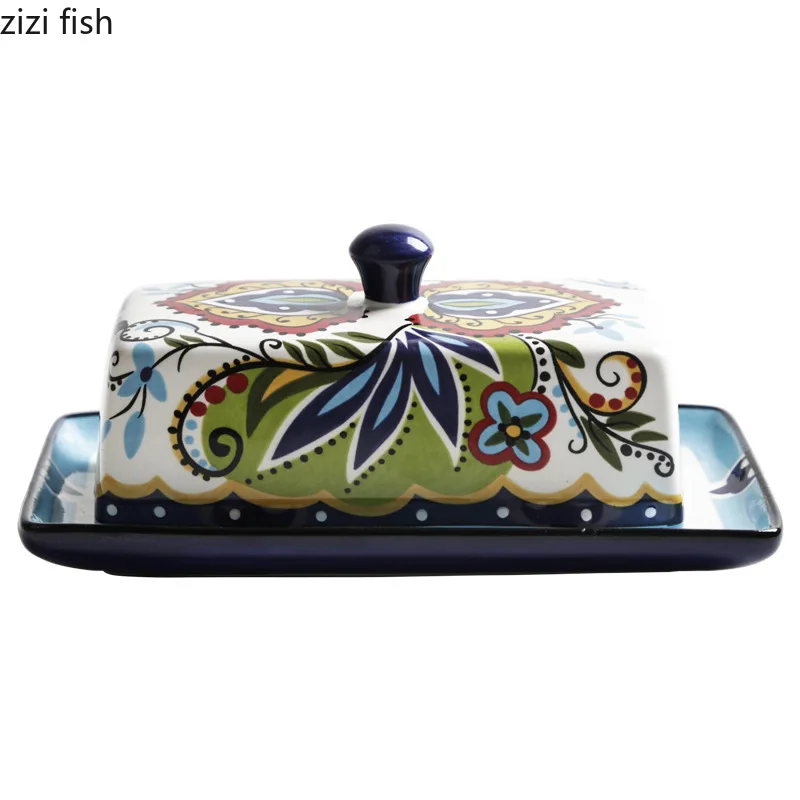 Ceramic Butter Plate with Lid Creative Hand-painted Pattern Butter Box Dim Sum Plate Cheese Household Specialty Tableware