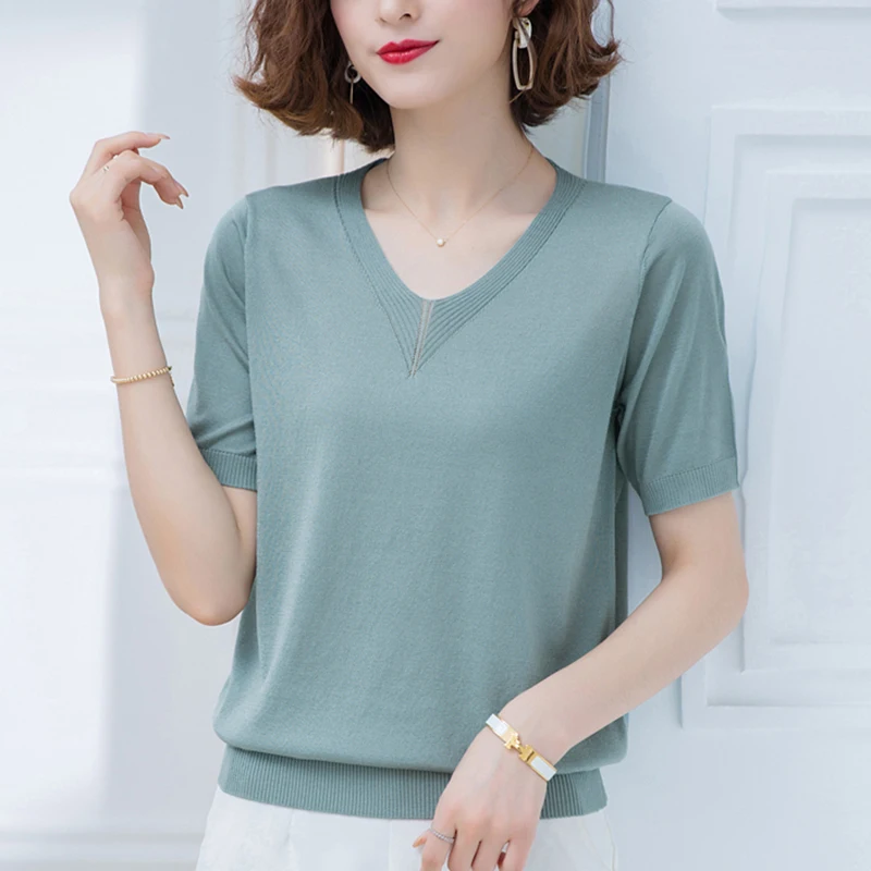 

Casual V Neck Knitted Top Thin T Shirt Women Summer Short Sleeve Tshirt Korean Fashion woman Clothes Tee Shirt Camisetas Mujer