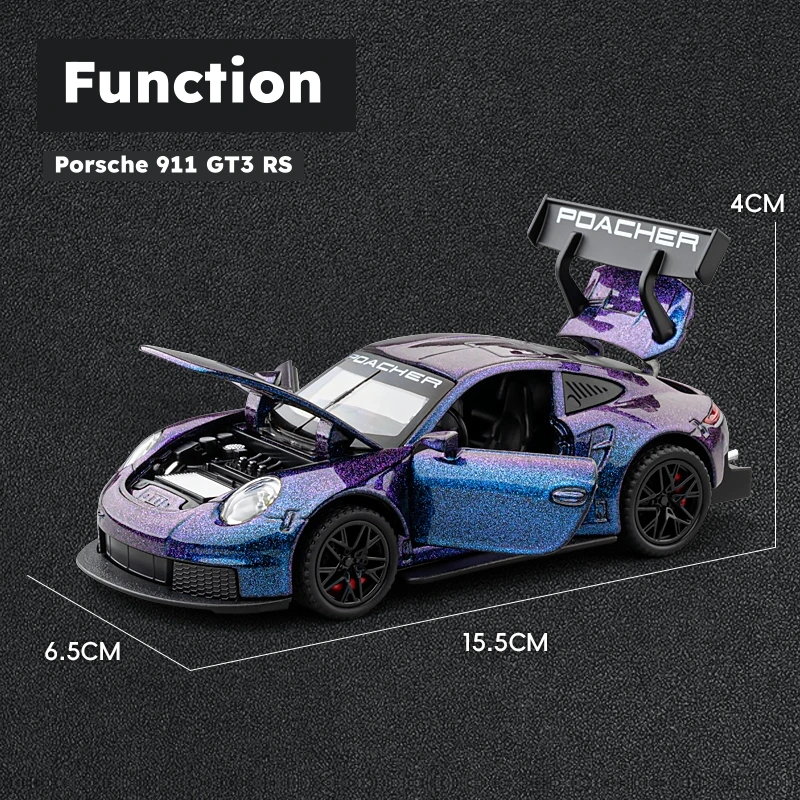 1/32 Porsche 911 GT3 RS Racing Toy Car Model Diecast Metal Rally Miniature Pull Back Sound & Light Collection Gift For Boys Kid 2
