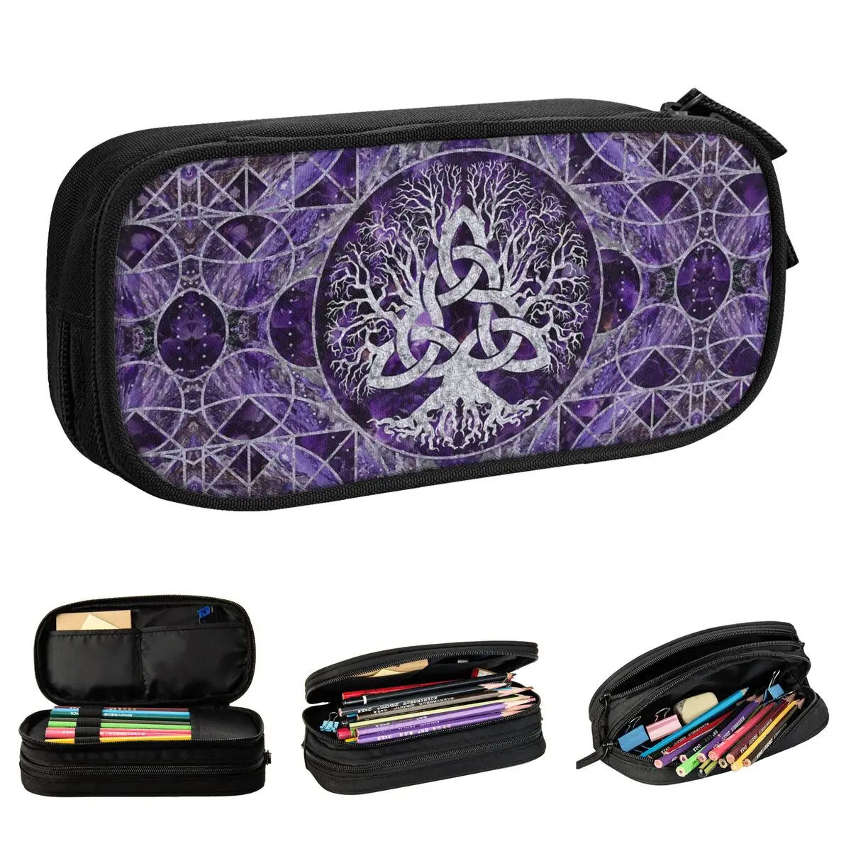 

Tree Of Life With Triquetra Amethyst Pencil Case Viking Pen Bags for Student Big Capacity Students School Gifts Pencilcases