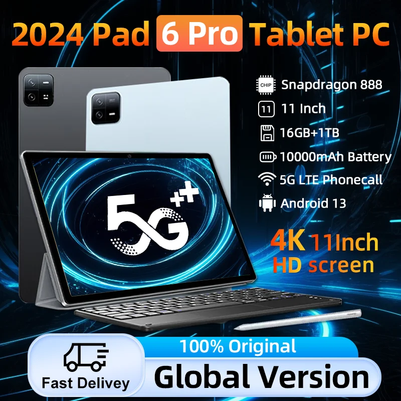글로벌 버전 오리지널 태블릿 PC, 스냅드래곤 888, 안드로이드 13 패드, 6 프로, 16GB + 1TB, 5G 듀얼 SIM 카드, 10000mAh, 4K HD 스크린, 미 탭