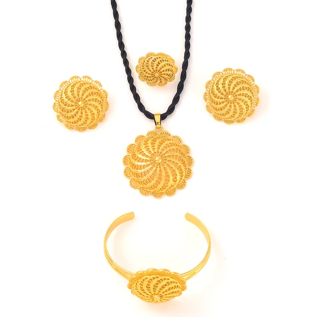 Fashion 24K Gold Plated Ethiopian Big Size Earrings/Pendant/Ring Jewelry Sets Gold Plate Africa Bride Wedding Eritrea Set Gift 3