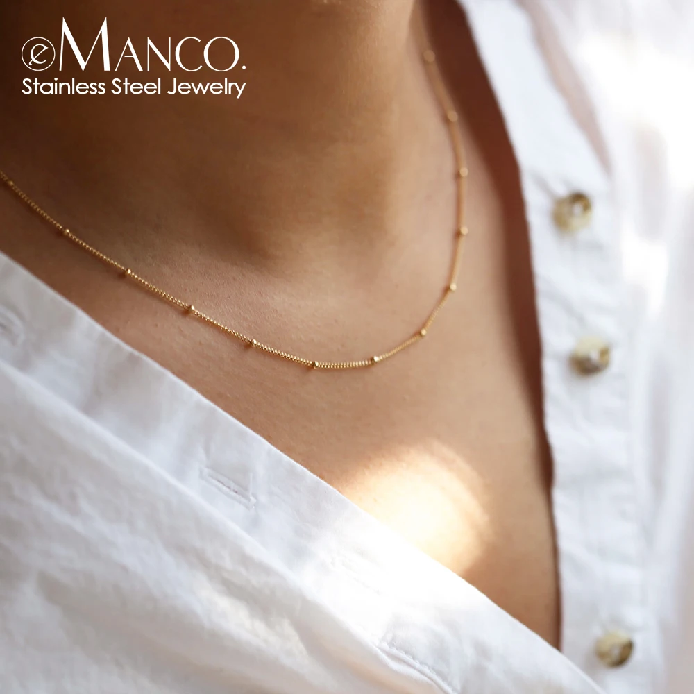 eManco Stainless Steel Bead Necklace Single Layer Gold Slim Necklace