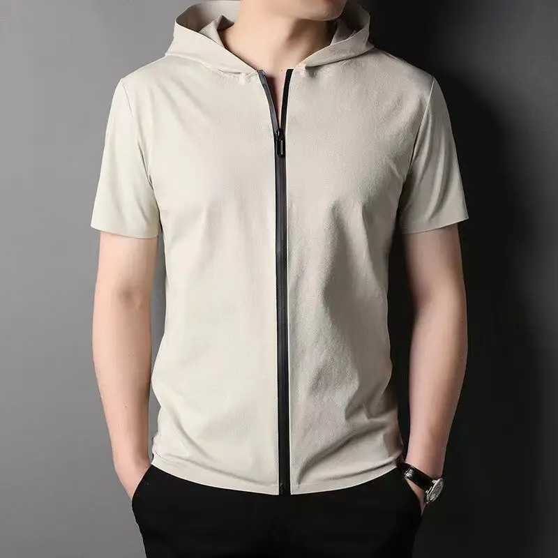 2024 Summer New Trendy Simple Casual Loose Breathable Fashion Solid Color Zipper Short Sleeve Hooded Cardigan Coat for Men