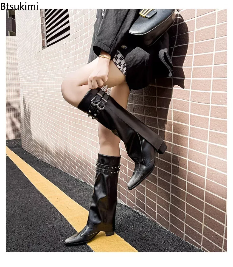 NewWomen's Western Straps Knee High Boots Pointed Toe Chunky High Heel Long Trouser Botas Mujer Gladiator Cowboy Boots for Women