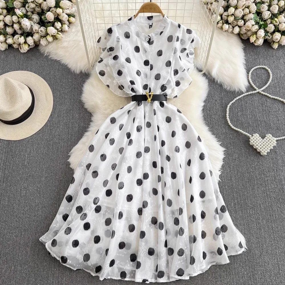 

Runway Black Dot Midi Dresses Women Charming Chic Chiffon Holiday Stand Collar Ruffles Sleeve Dress with Be A6672