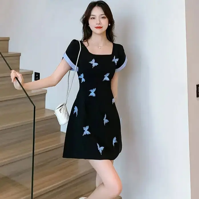 

Butterfly Dress Chic Petal Sleeve Vintage Black Dress Women Elegant Romantic Fashion Square Collar Streetwear Lady Dress Commut