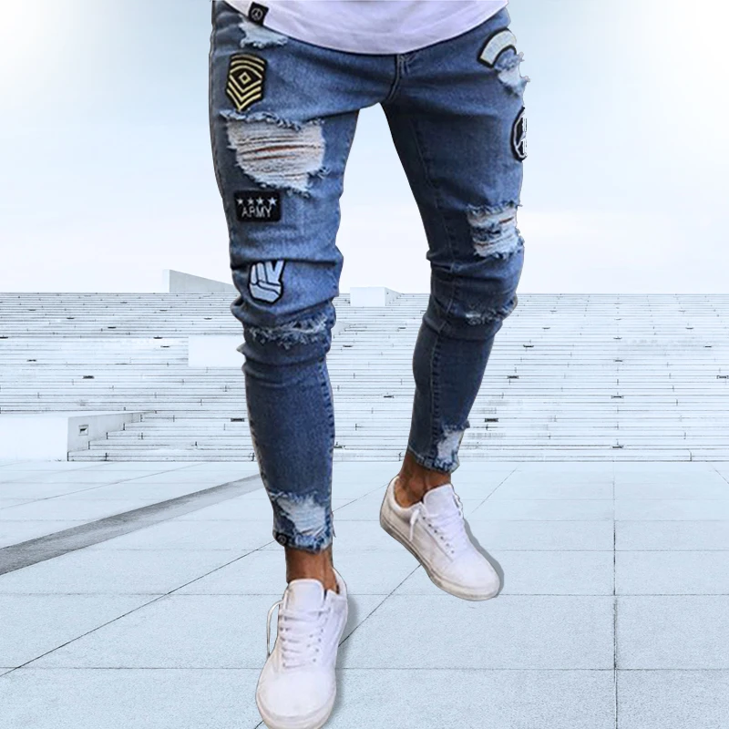 2024 Spring Summer Hip Hop Ripped Men's Jeans Classic Blue Black Embroidered Stretch Skinny Jeans Street Fashion Pants S-XXXL