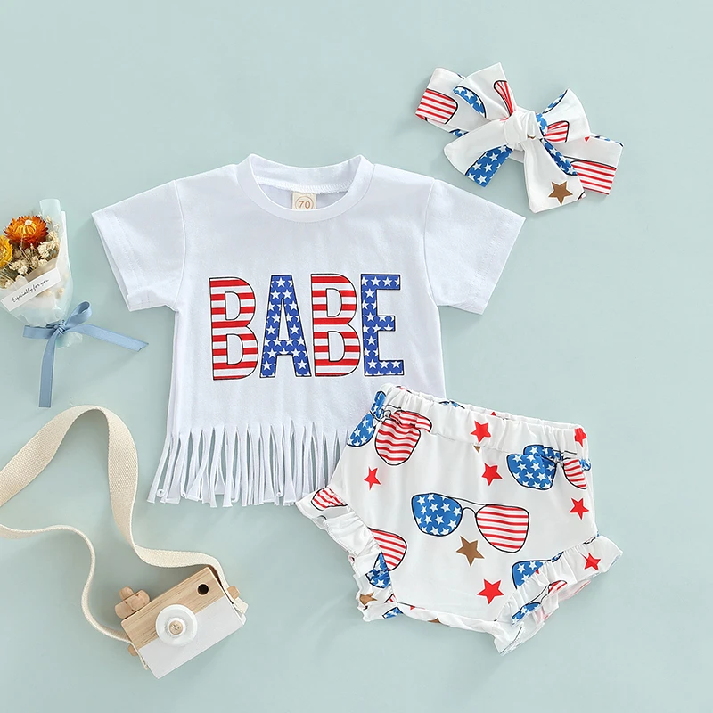 Baby Clothing Set discount 4th of July Baby Girl Outfits Short Sleeve Fringe Tassel Top T-Shirt Ruffle Shorts Headband Cute Summer Baby Clothes Set Baby Clothing Set for girl