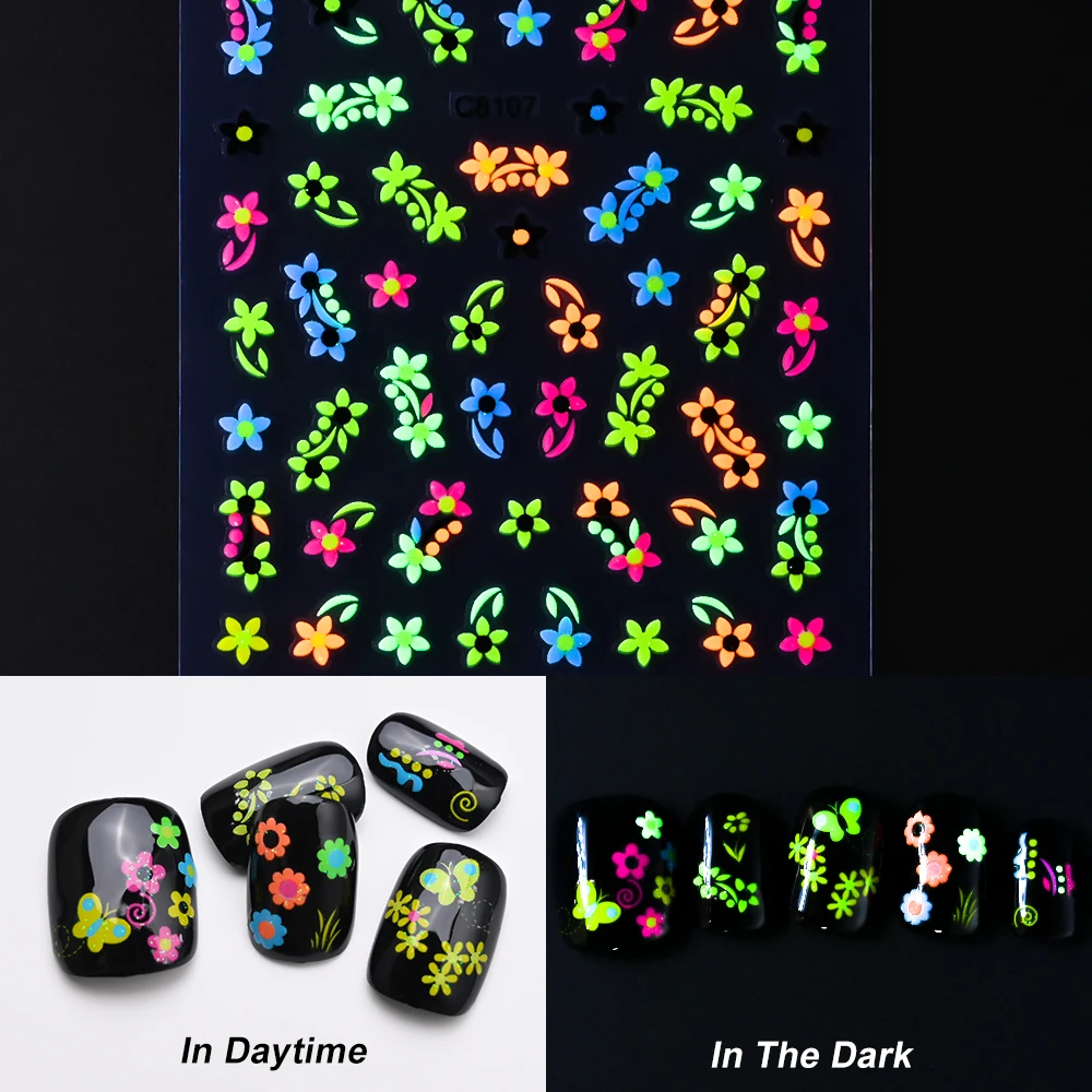 Nail stickers Nail decals Nail art decoration 24pcs Luminous Colorful Butterfly Stickers Glow in the Dark Nails Acrylic Design DIY Slider Adhesive Nail Decal Girls