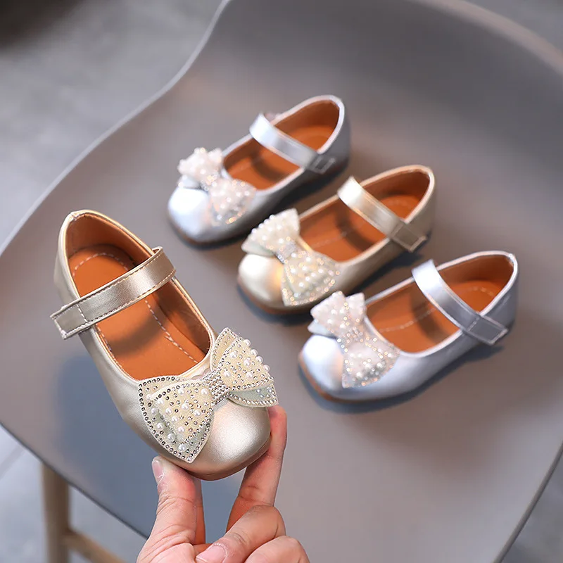 

Kids Leather Shoes Spring Autumn Fashion Sequins Pearl Cute Bow Princess Shoes Little Girl Shoes Soft Bottom Pink Gold Silver