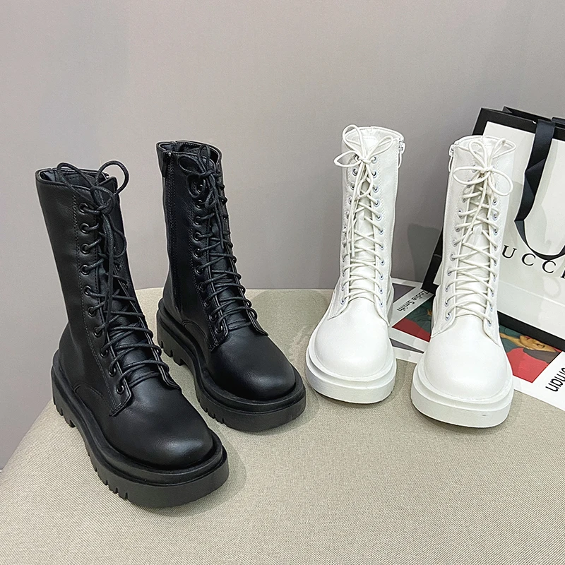 

Женские мотоциклетные ботинки на платформе, черные, белые ботильоны из искусственной кожи на шнуровке с круглым носком, Нескользящие короткие ботинки на осень-зиму