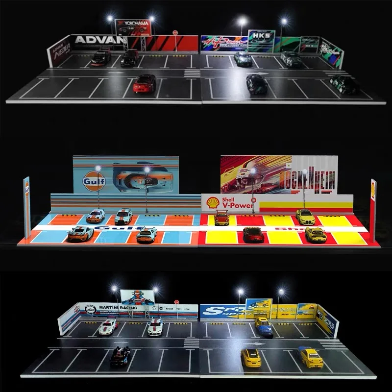 Timemmicro + Moreart 1:64 Gulf Hks Shell Pinkpig Advan Lbwk Rwb Classic Car Race Painted Open Car Park Assembly Scene