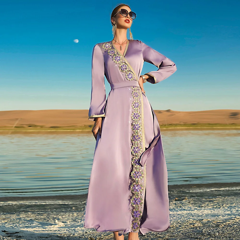 

Moroccan Caftan Fashion Ceremony Evening Dress Abaya Woman Dubai Luxury Ramadan Muslim Clothes Female Robe Rhinestones L M