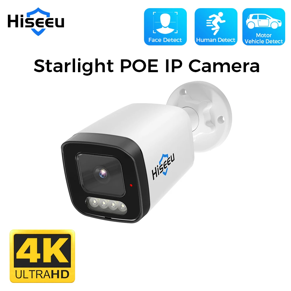 Hiseeu-Caméra de vidéosurveillance étanche POE IP Starlight, 4K, 8MP, document complet, vision nocturne, sécurité CCTV, H.disparates ONVIF