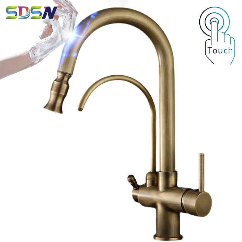 Antique Touch Kitchen Faucet with Pull Down Sprayer Hot Cold Kitchen Sink Mixer Taps Smart 3 Ways Pure Sensor Touch Kitchen Tap