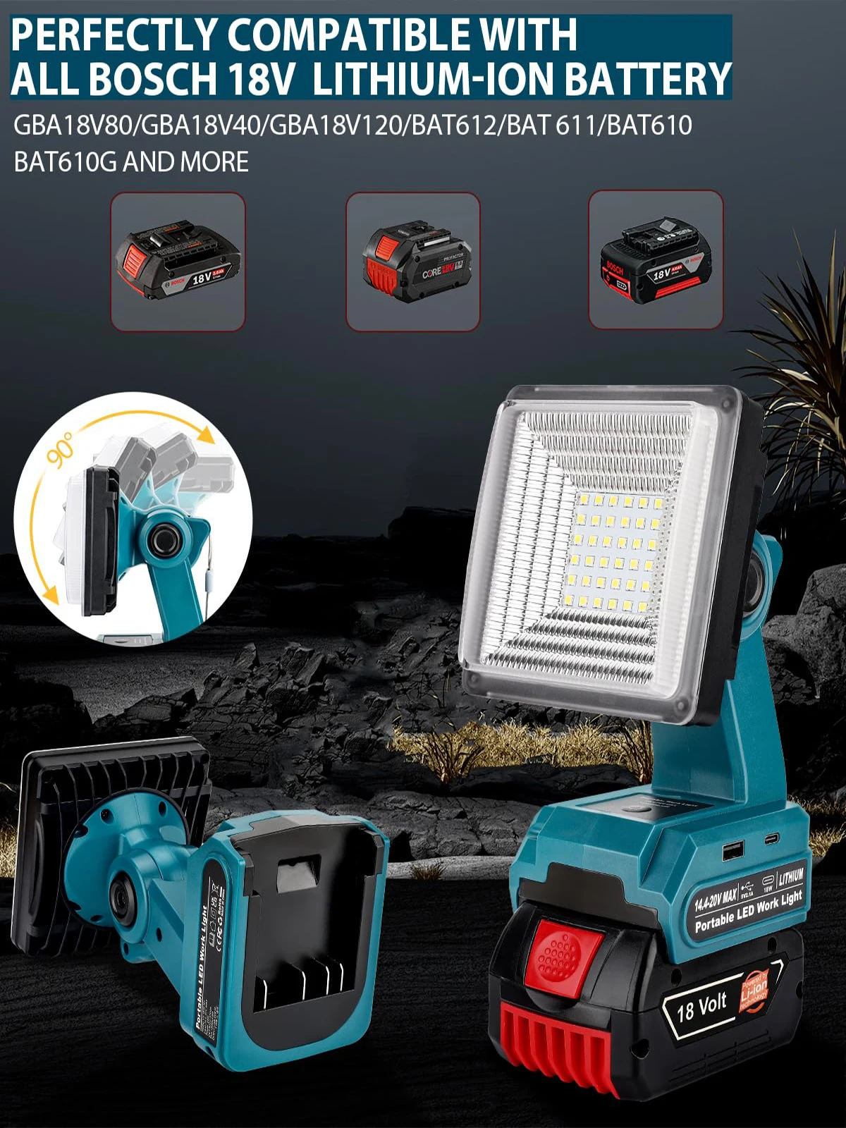 1500LM 25W LED Floodlight Cordless LED Work Light for Bosch Battery with USB Por
