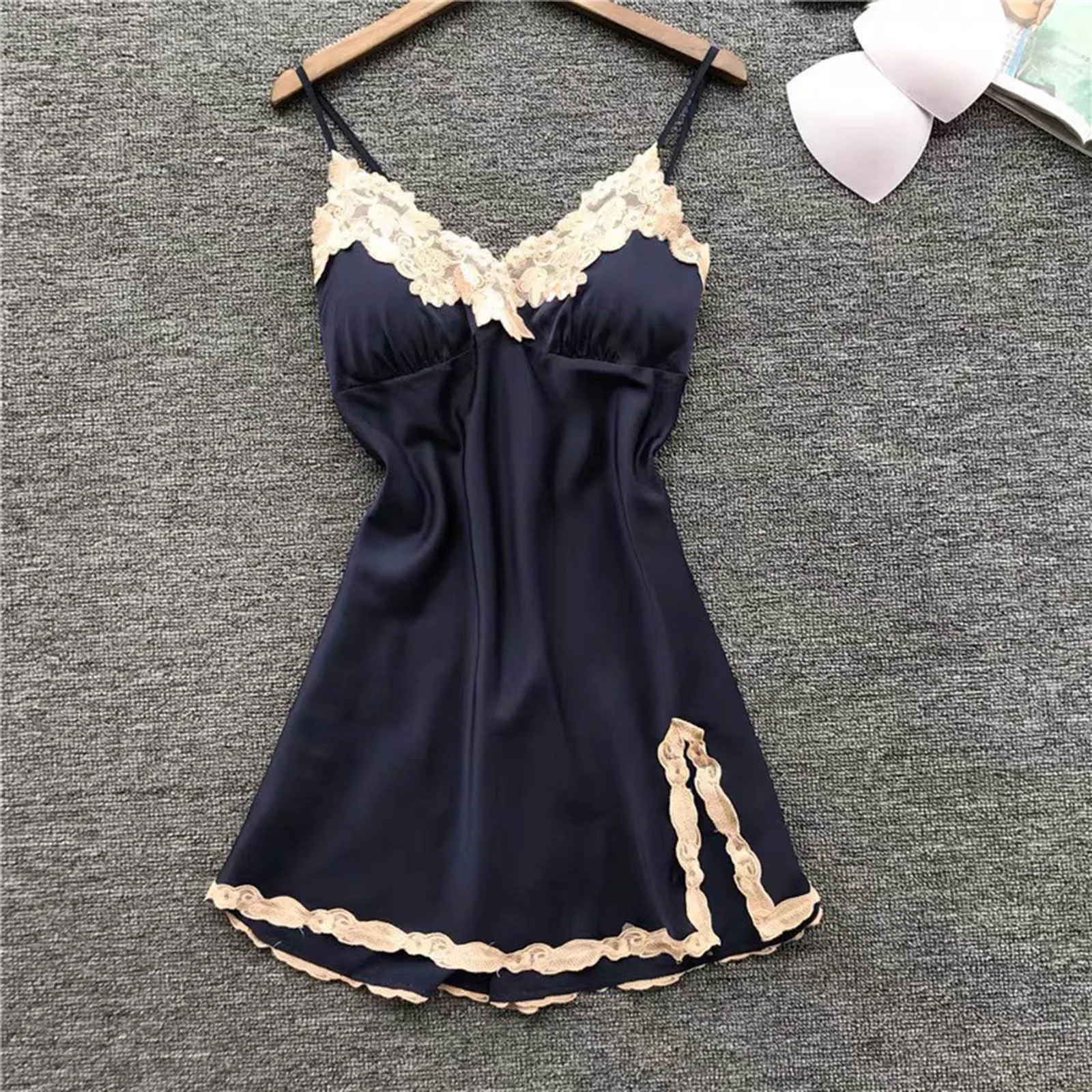 

Womens Sexy Nightdress Silk Embroidery Suspender Mini Dresses Slip Satin Sleepwear Split Nightie Nightgowns Pajamas Chemises