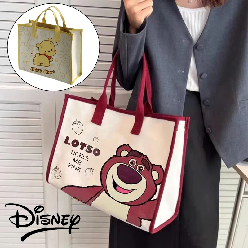 Disney Pooh Bear Lotso Tote Bag Cartoon Canvas Shoulder Bag Women Large Capacity Work Commuter Bags Borsa Per Libri Per Studenti