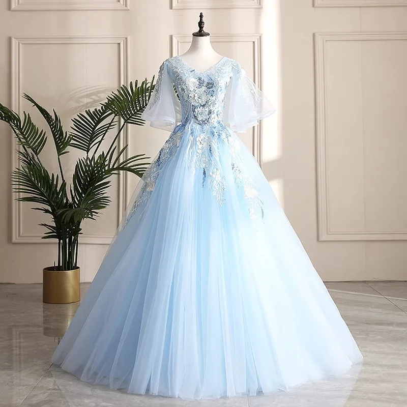 

Blue Ball Gown Women Evening Dresses Tulle Appliques Prom Birthday Party Gowns Formal Vestido De Noche