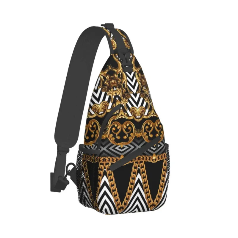 

Golden Ornamental Baroque Geometric Crossbody Chest Bags Medusa Mythology Pockets Travel Pack Messenger Sports Shoulder Bag