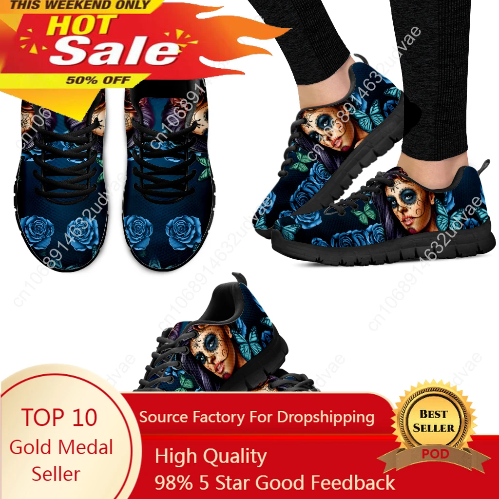 Blue Sugar Skull Girl Sneakers 3D Rose Print Shoes Comfortable Breathable Butterfly Casual Sneakers Zapatos Mujer