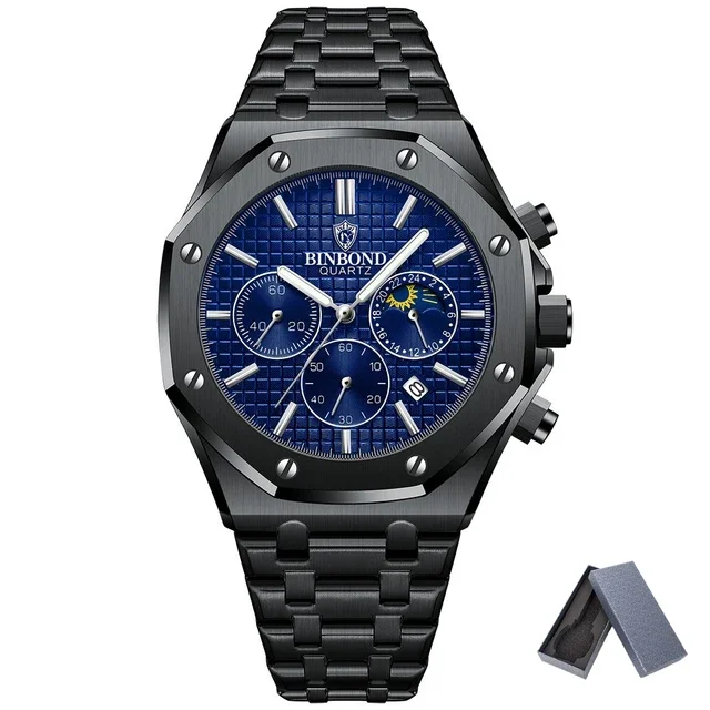 BINBOND-Montre à quartz étanche en acier inoxydable pour homme, montre-bracelet de luxe, marque Top Box, horloge décontractée, B0161, 2024