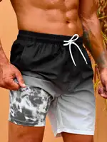 Men's Gradient Print Double Layer Design Anti-Ambarrassment Fashion Cool Quick Dry Beach Pants 1