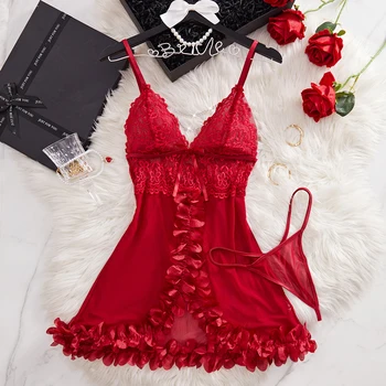 Summer Women's Pajamas Sexy Red Lingerie Night Dress Lace See Through Nightdress Sleepwear Elegant And Sensual Underwear Set