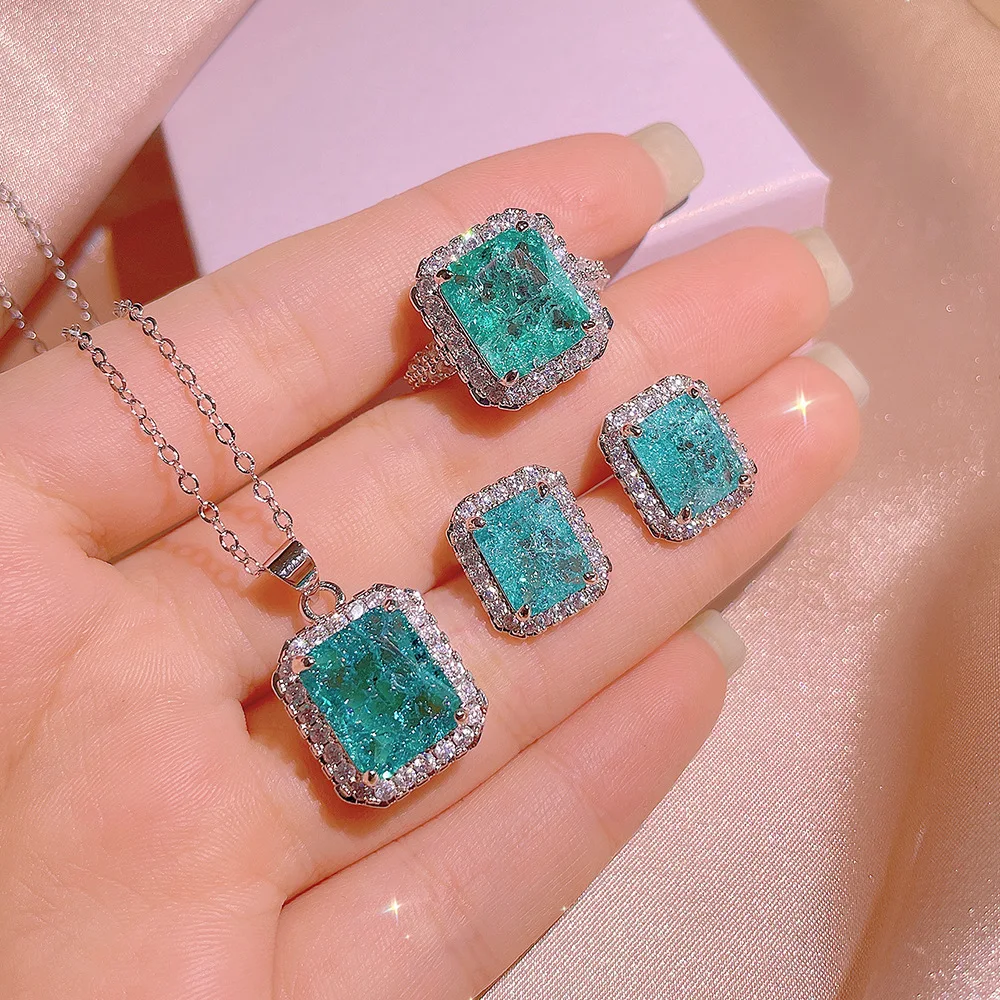 Haute Couture New Square Paraiba Ring Earring Necklace Three-piece Suit Women's Cocktail Party Gift Direct Sale