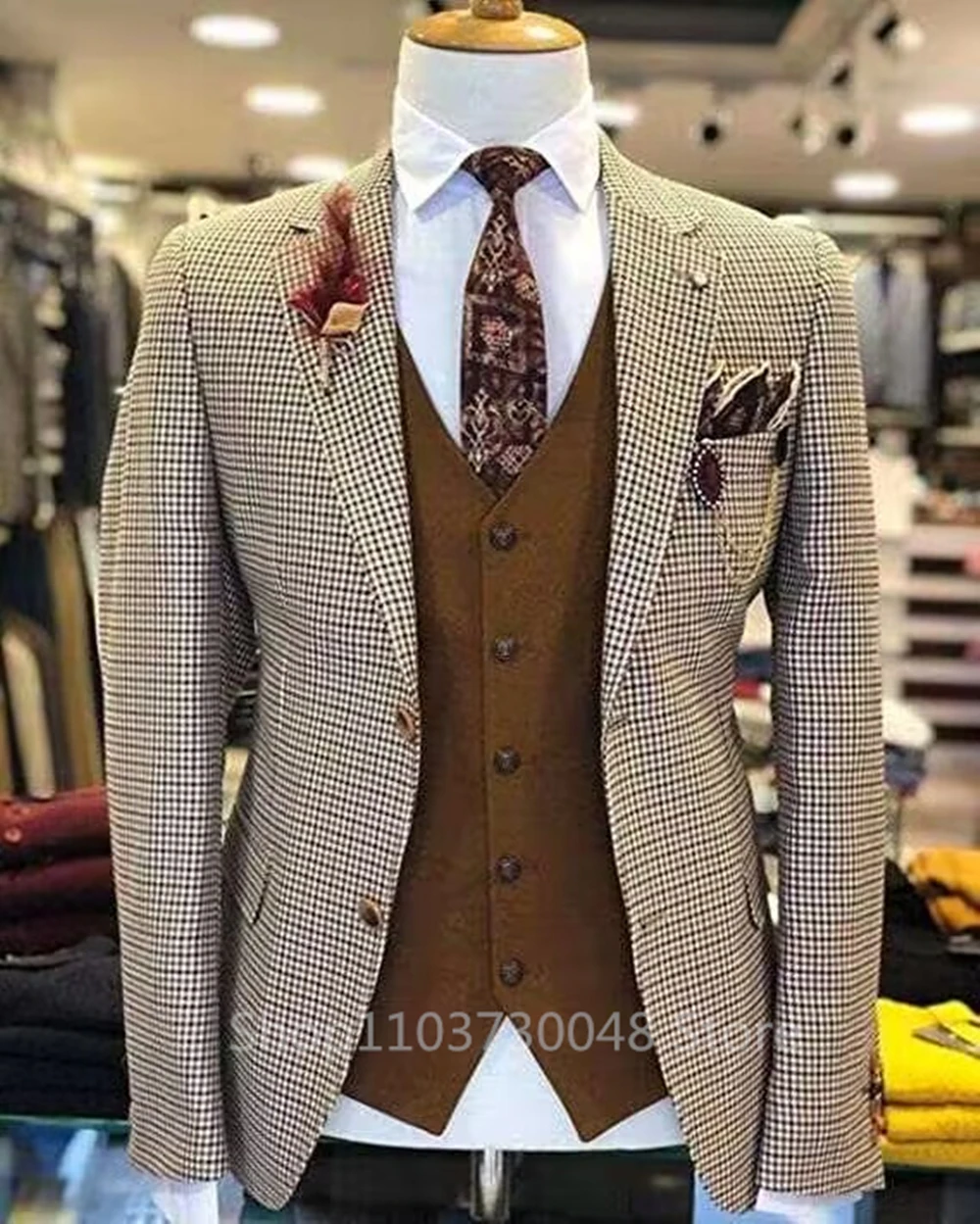 Men's Brown Houndstooth Blazer Single Breasted Formal Man Suit Jackets Coat Men's Stage Clothing for Men Male Blazer One Coat