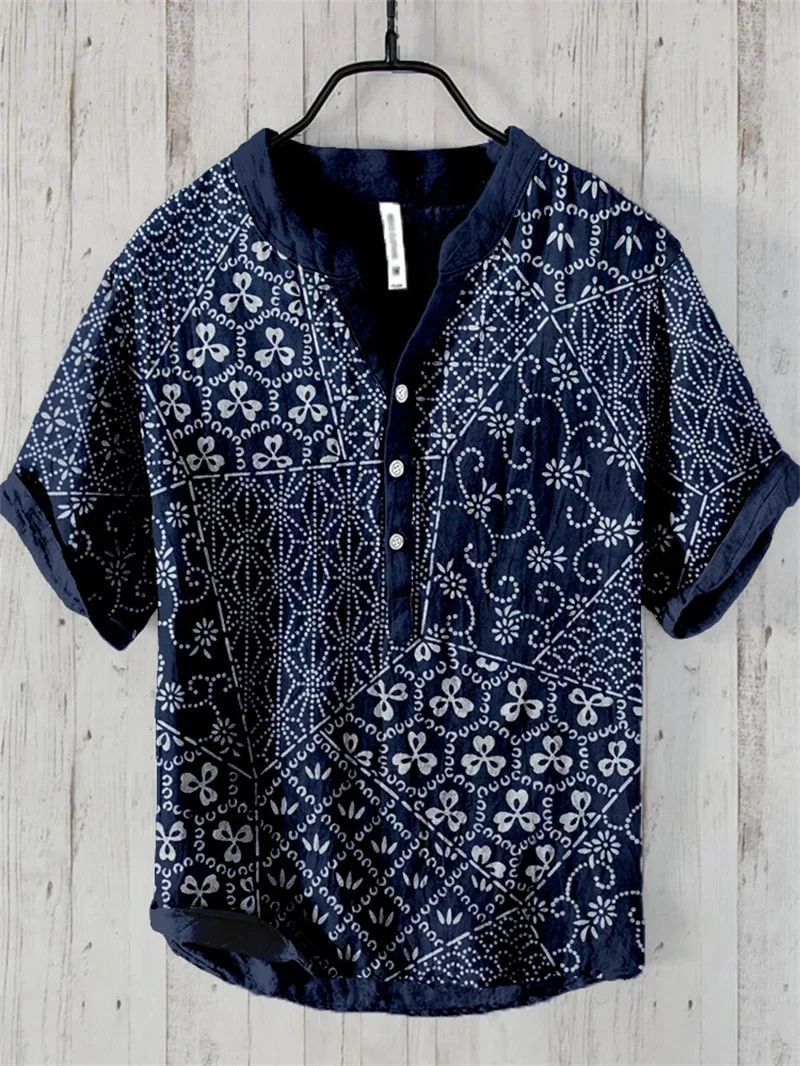 Brave men's casual shirt loose linen blend short sleeved V-neck top summer handsome shirt