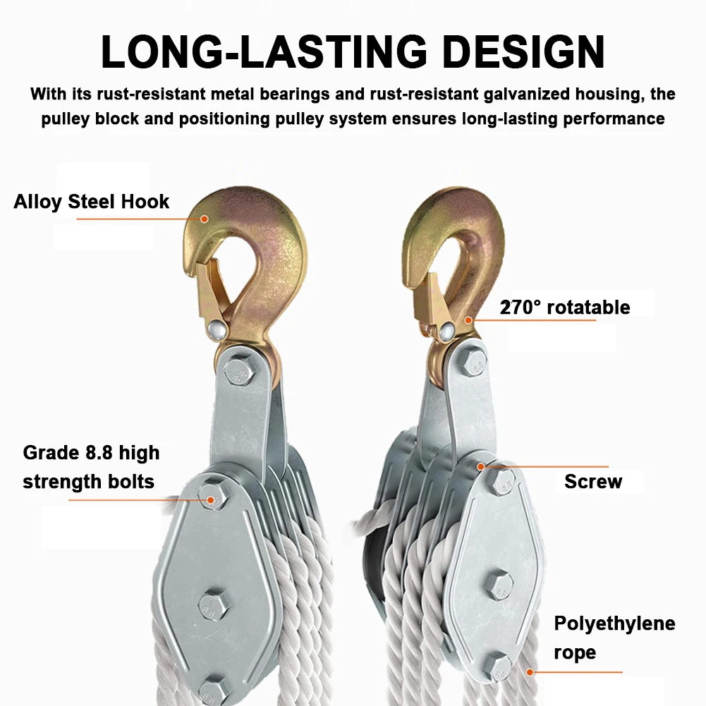 Swivel Pulley Rope Pulley Hoist 270&deg; Rotatable Rope Pulley Block Crane Heavy Duty Polyethylene Rope Pulley Hoist Manual Lifting Device Effortless Lifting